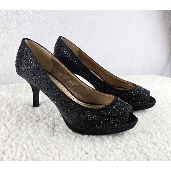 Embellished Black Evening Pump Sz 7.5 Adrienne Vittadini Open Toe 3" Heel Formal - Picture 3 of 16